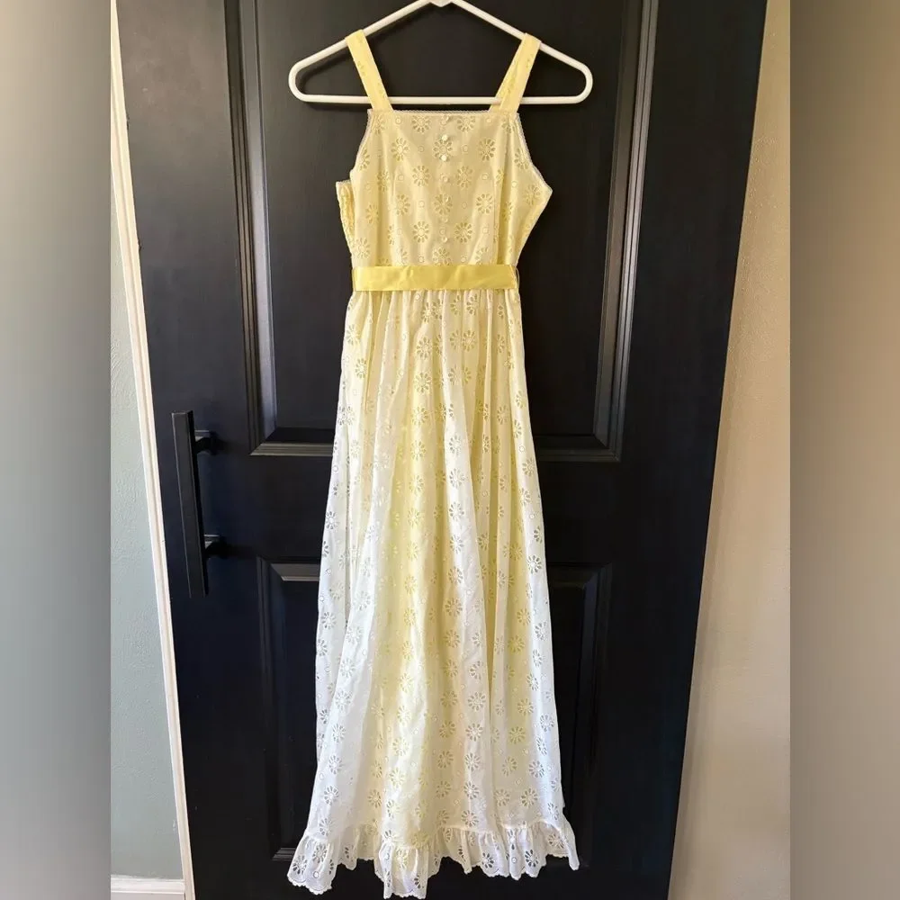 Ruth Of Carolina Vintage White Eyelet Flower Long Yellow Lined Dress 12 Girls 🌼